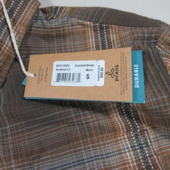 prAna mens Broderick Scorched brown beige blue plaid Organic button shirt S NWT - Picture 3 of 5